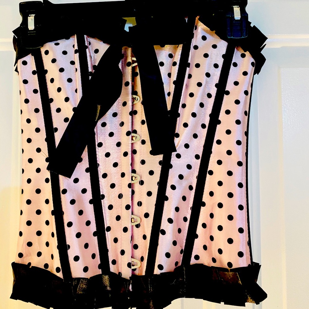 Sexy satin corset with thong, pink and black color